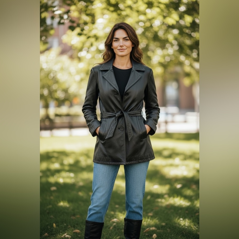 Wilsons Vintage Leather Women's Black Belted Coat Jacket in EUC Size Small Chic